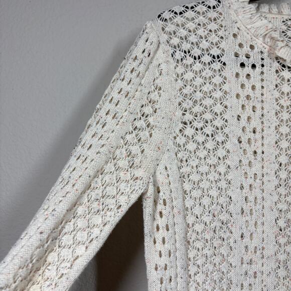Sundance XS Open Knit Chunky Ruffled Neck Sweater Ivory Speckle 100% Cotton - Picture 3 of 7